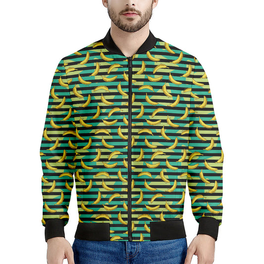Teal Striped Banana Pattern Print Men's Bomber Jacket