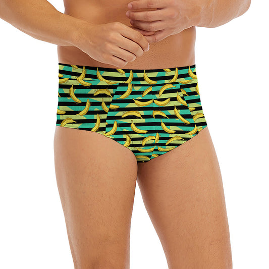 Teal Striped Banana Pattern Print Men's Briefs