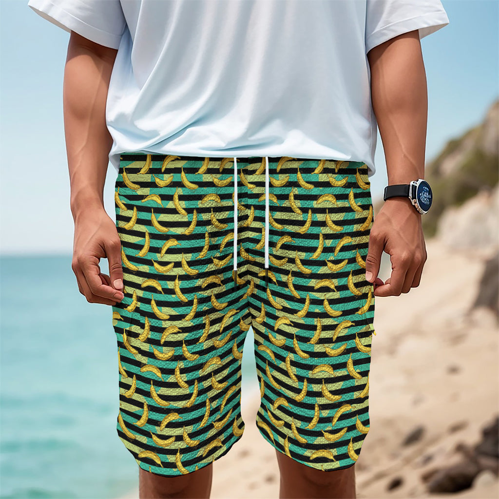 Teal Striped Banana Pattern Print Men's Cargo Shorts