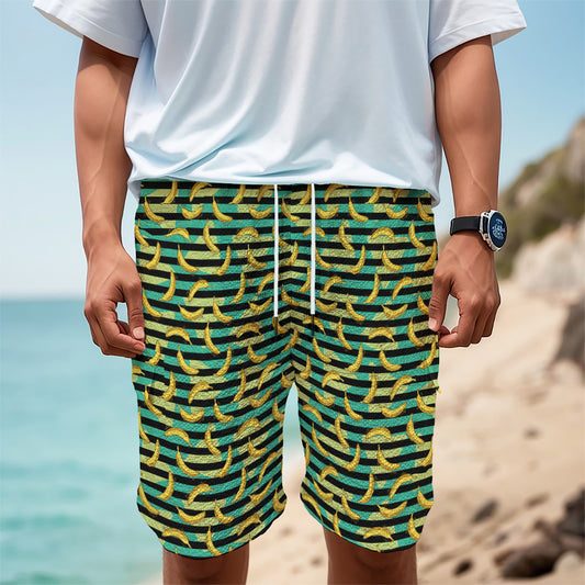 Teal Striped Banana Pattern Print Men's Cargo Shorts