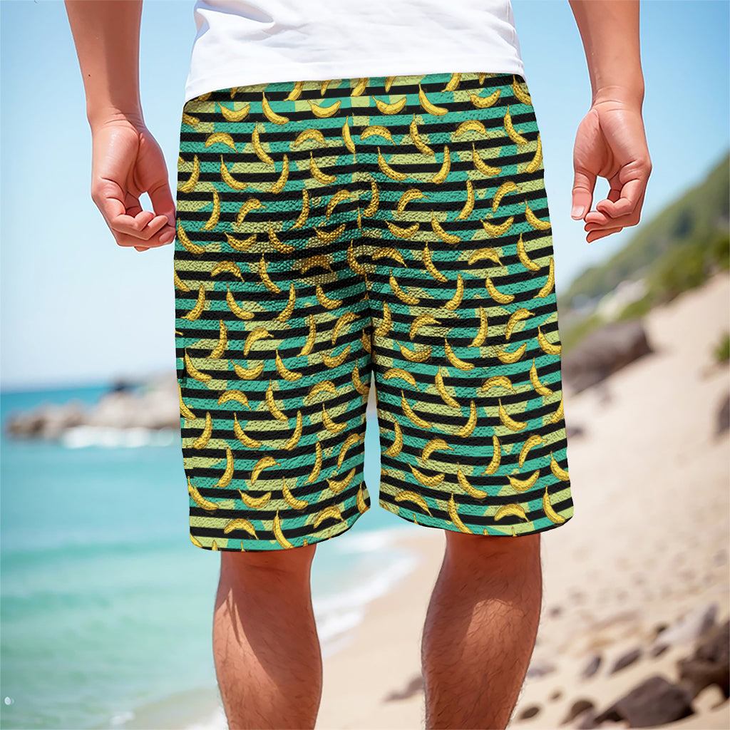 Teal Striped Banana Pattern Print Men's Cargo Shorts