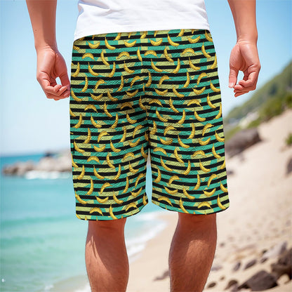 Teal Striped Banana Pattern Print Men's Cargo Shorts