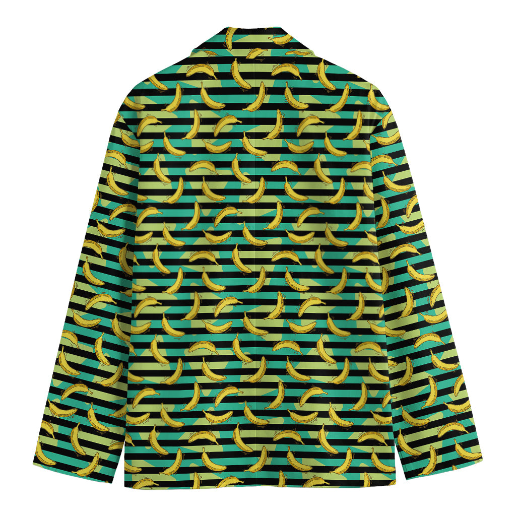 Teal Striped Banana Pattern Print Men's Cotton Blazer