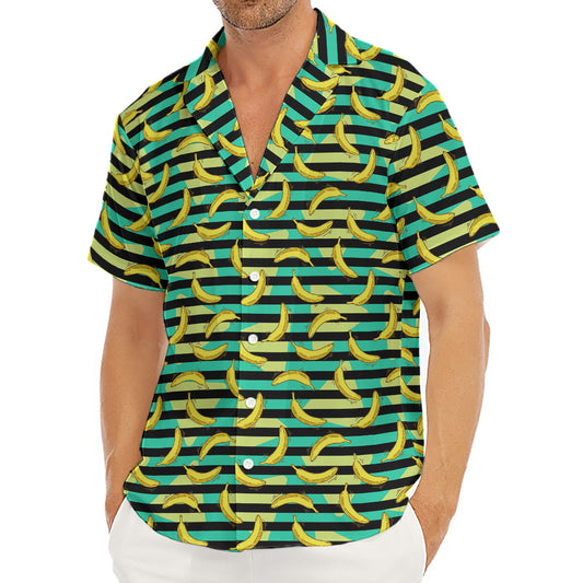 Teal Striped Banana Pattern Print Men's Deep V-Neck Shirt