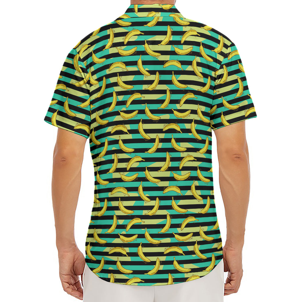 Teal Striped Banana Pattern Print Men's Deep V-Neck Shirt