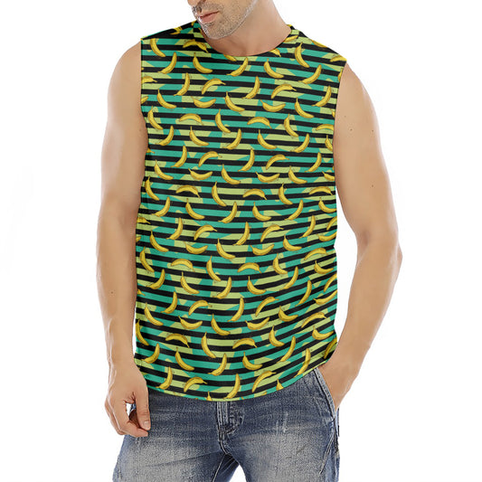 Teal Striped Banana Pattern Print Men's Fitness Tank Top