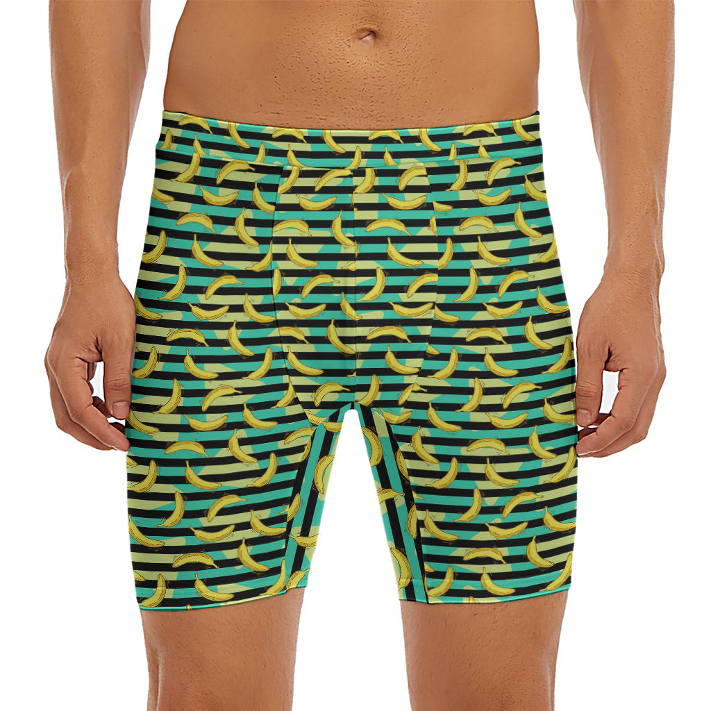Teal Striped Banana Pattern Print Men's Long Boxer Briefs