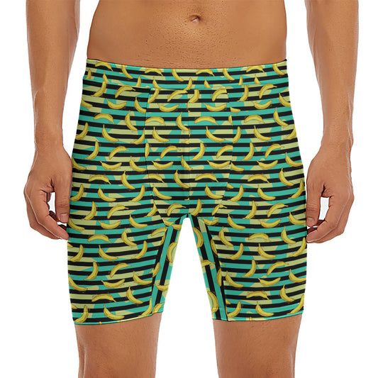 Teal Striped Banana Pattern Print Men's Long Boxer Briefs