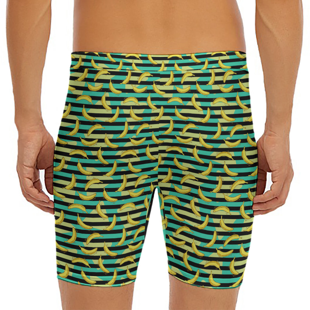 Teal Striped Banana Pattern Print Men's Long Boxer Briefs