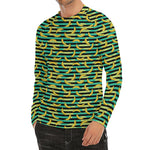 Teal Striped Banana Pattern Print Men's Long Sleeve Rash Guard