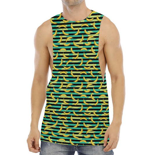 Teal Striped Banana Pattern Print Men's Muscle Tank Top