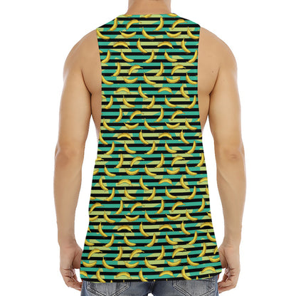 Teal Striped Banana Pattern Print Men's Muscle Tank Top