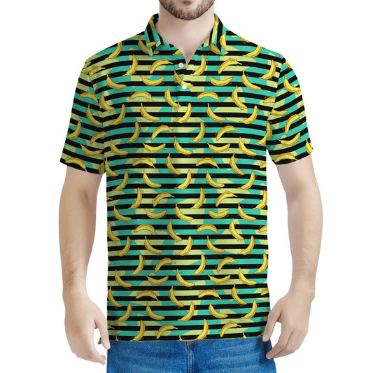 Teal Striped Banana Pattern Print Men's Polo Shirt