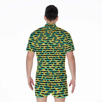 Teal Striped Banana Pattern Print Men's Rompers