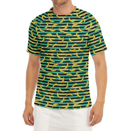 Teal Striped Banana Pattern Print Men's Short Sleeve Rash Guard