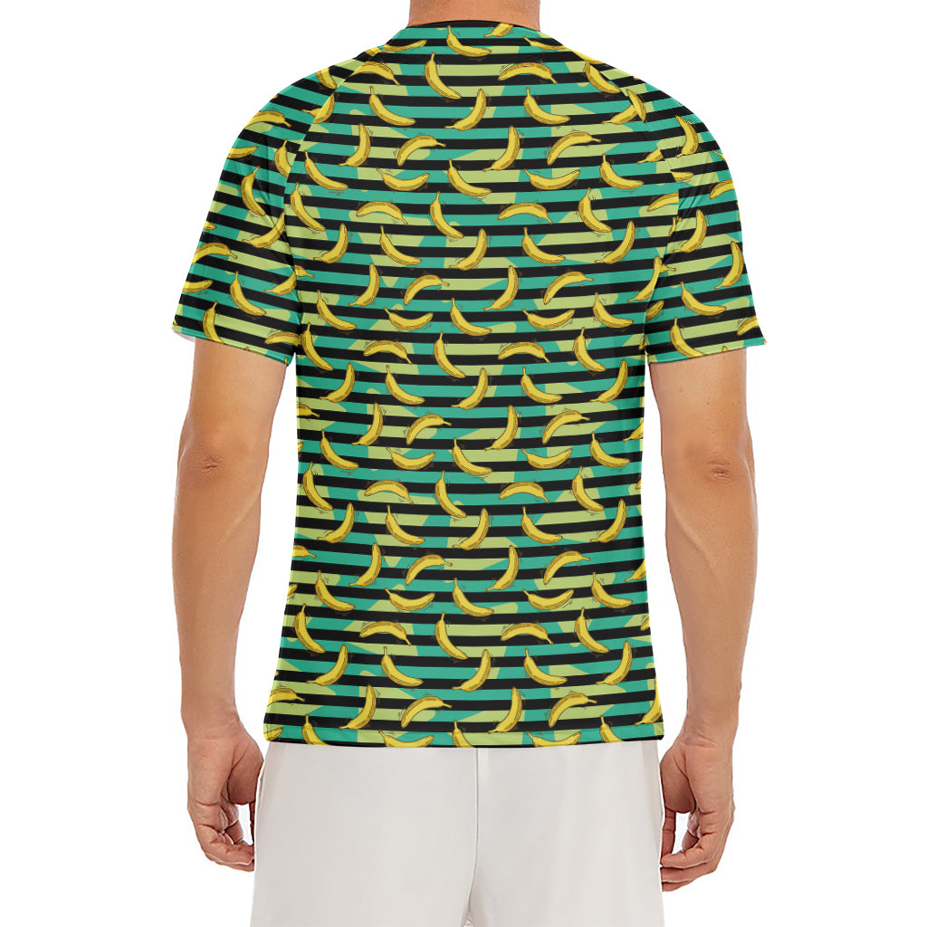 Teal Striped Banana Pattern Print Men's Short Sleeve Rash Guard