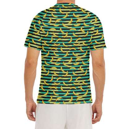 Teal Striped Banana Pattern Print Men's Short Sleeve Rash Guard