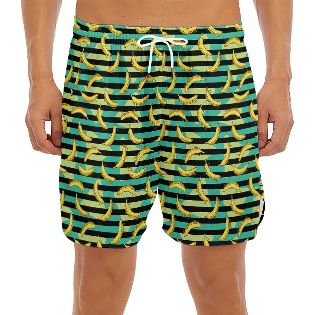Teal Striped Banana Pattern Print Men's Split Running Shorts