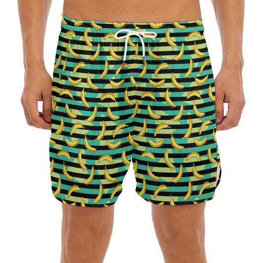 Teal Striped Banana Pattern Print Men's Split Running Shorts