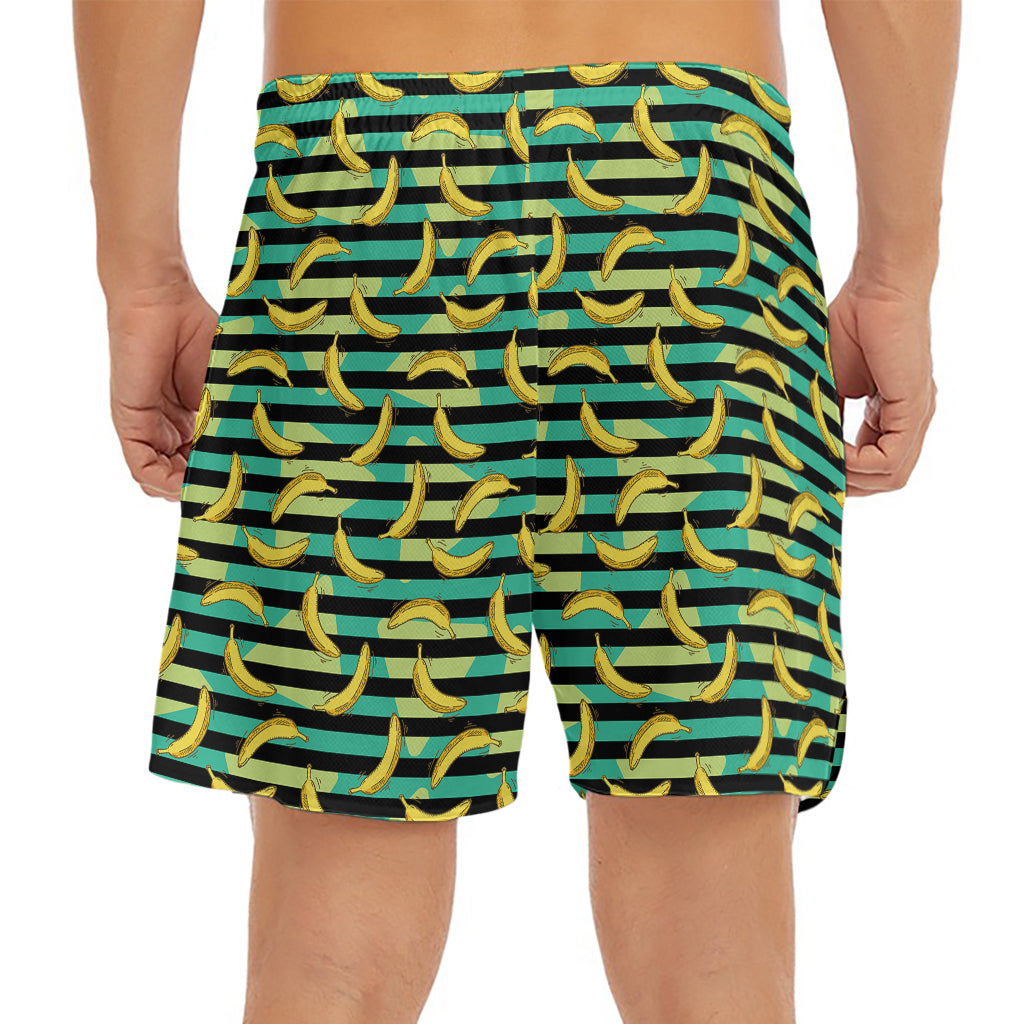 Teal Striped Banana Pattern Print Men's Split Running Shorts