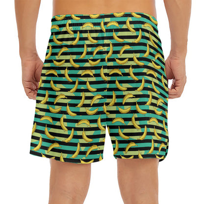 Teal Striped Banana Pattern Print Men's Split Running Shorts