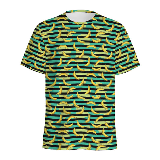 Teal Striped Banana Pattern Print Men's Sports T-Shirt