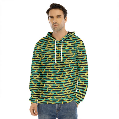 Teal Striped Banana Pattern Print Men's Velvet Pullover Hoodie