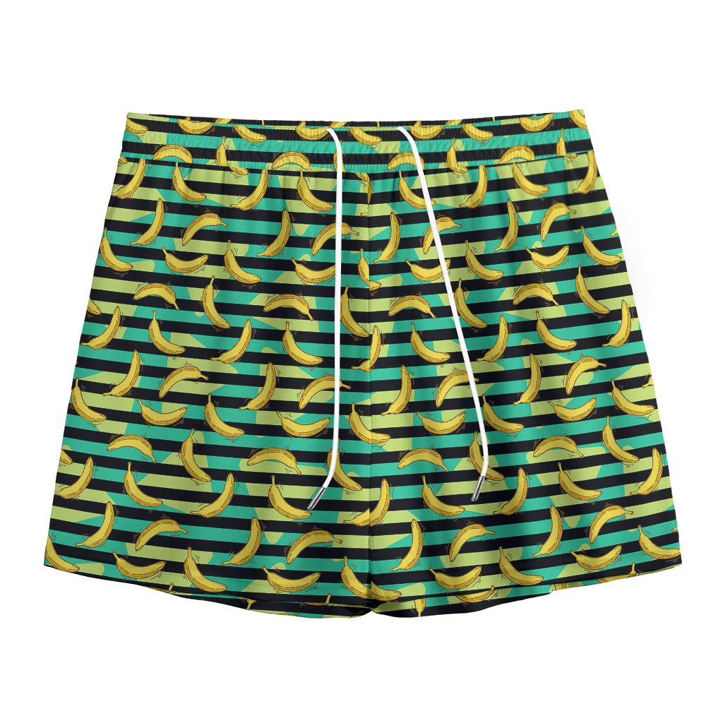 Teal Striped Banana Pattern Print Mesh Shorts
