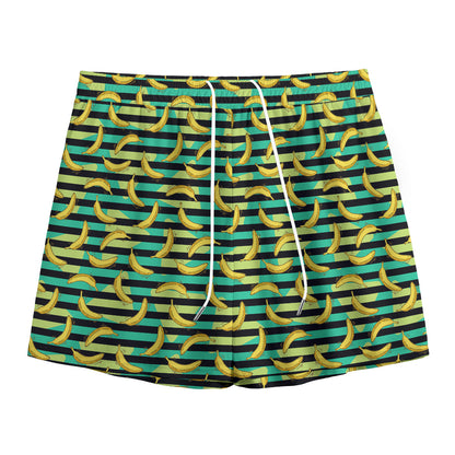 Teal Striped Banana Pattern Print Mesh Shorts