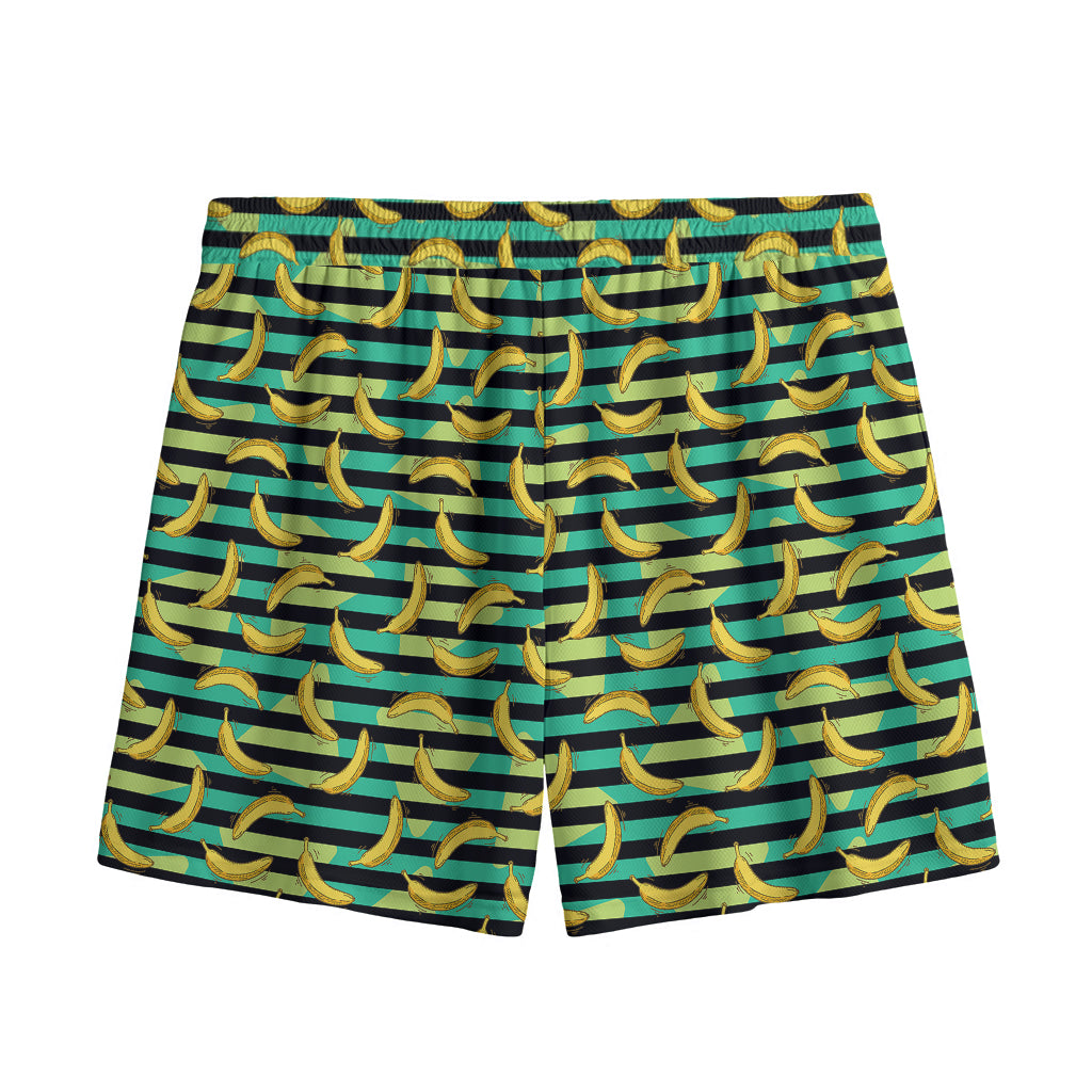 Teal Striped Banana Pattern Print Mesh Shorts