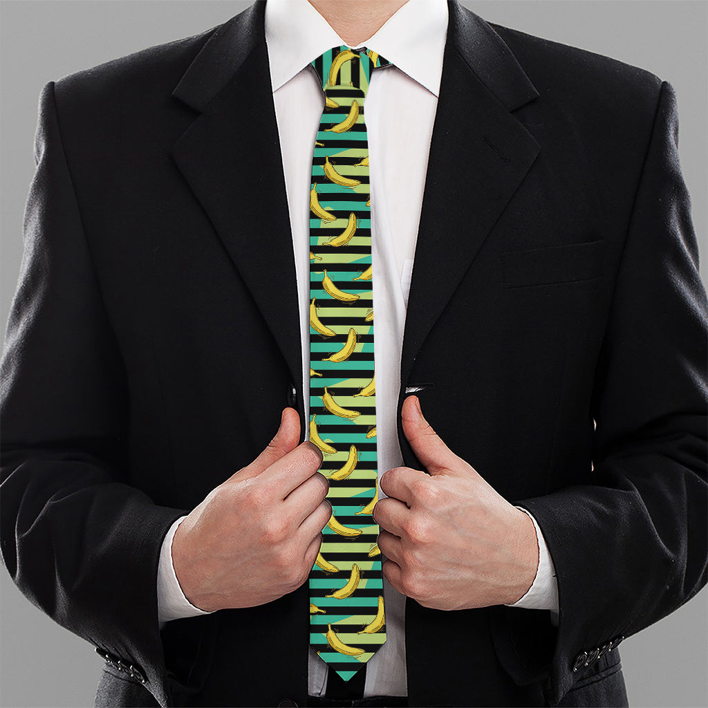 Teal Striped Banana Pattern Print Necktie
