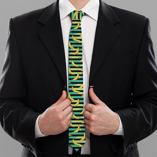 Teal Striped Banana Pattern Print Necktie