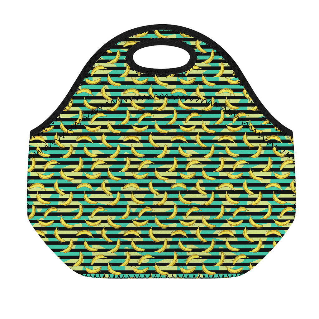 Teal Striped Banana Pattern Print Neoprene Lunch Bag