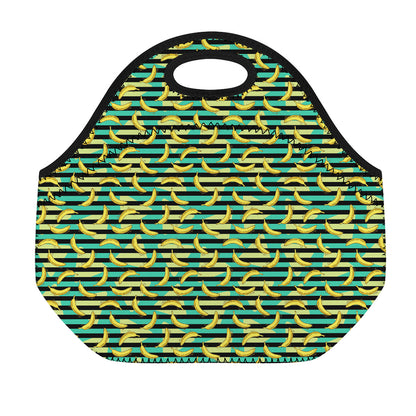 Teal Striped Banana Pattern Print Neoprene Lunch Bag