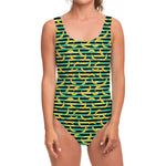 Teal Striped Banana Pattern Print One Piece Swimsuit