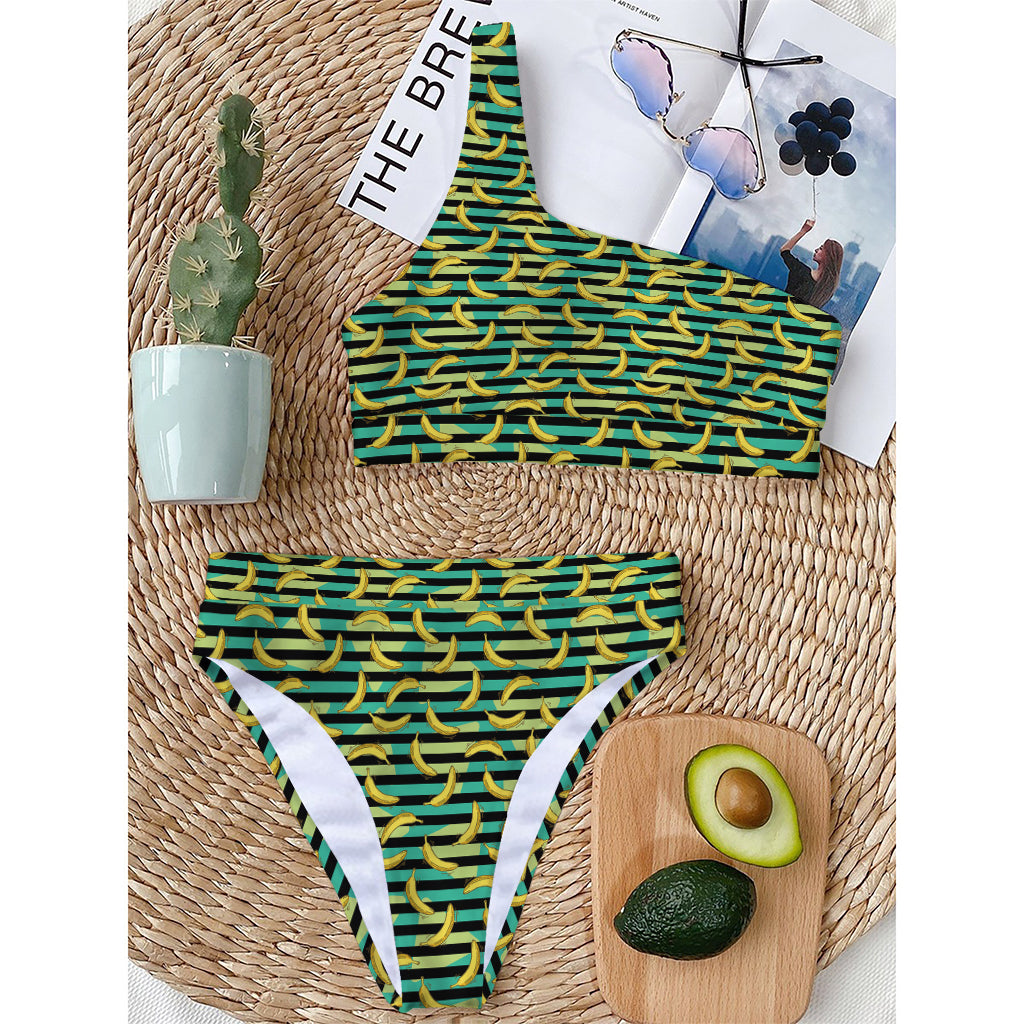 Teal Striped Banana Pattern Print One Shoulder Bikini Top