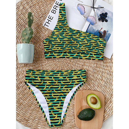 Teal Striped Banana Pattern Print One Shoulder Bikini Top