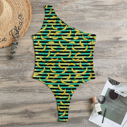 Teal Striped Banana Pattern Print One Shoulder Bodysuit