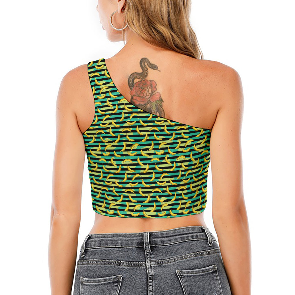 Teal Striped Banana Pattern Print One Shoulder Crop Top