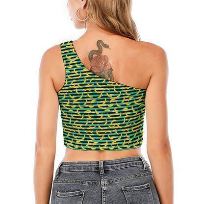Teal Striped Banana Pattern Print One Shoulder Crop Top