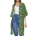 Teal Striped Banana Pattern Print Open Front Beach Cover Up