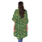 Teal Striped Banana Pattern Print Open Front Beach Cover Up