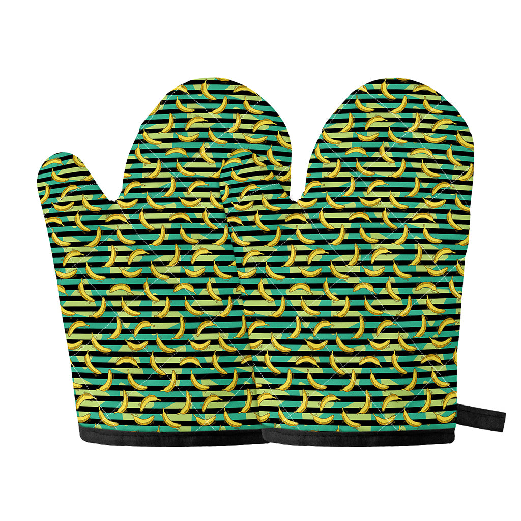 Teal Striped Banana Pattern Print Oven Mitts