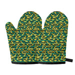 Teal Striped Banana Pattern Print Oven Mitts