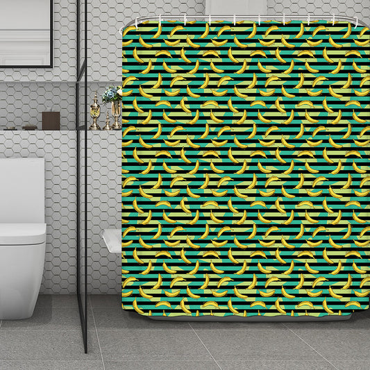 Teal Striped Banana Pattern Print Polyester Shower Curtain