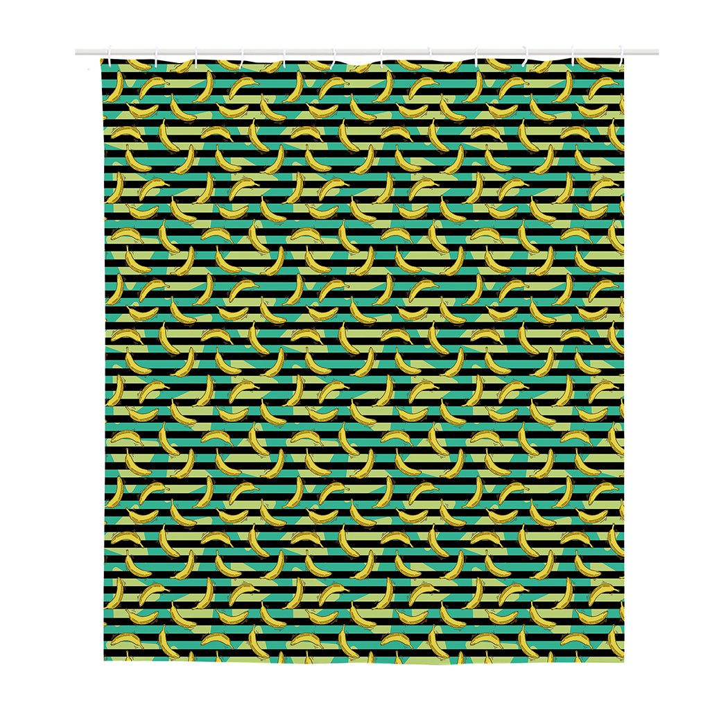 Teal Striped Banana Pattern Print Polyester Shower Curtain