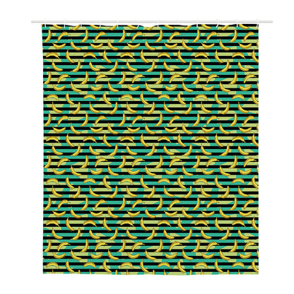 Teal Striped Banana Pattern Print Polyester Shower Curtain