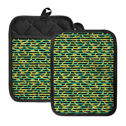 Teal Striped Banana Pattern Print Pot Holders With Pocket