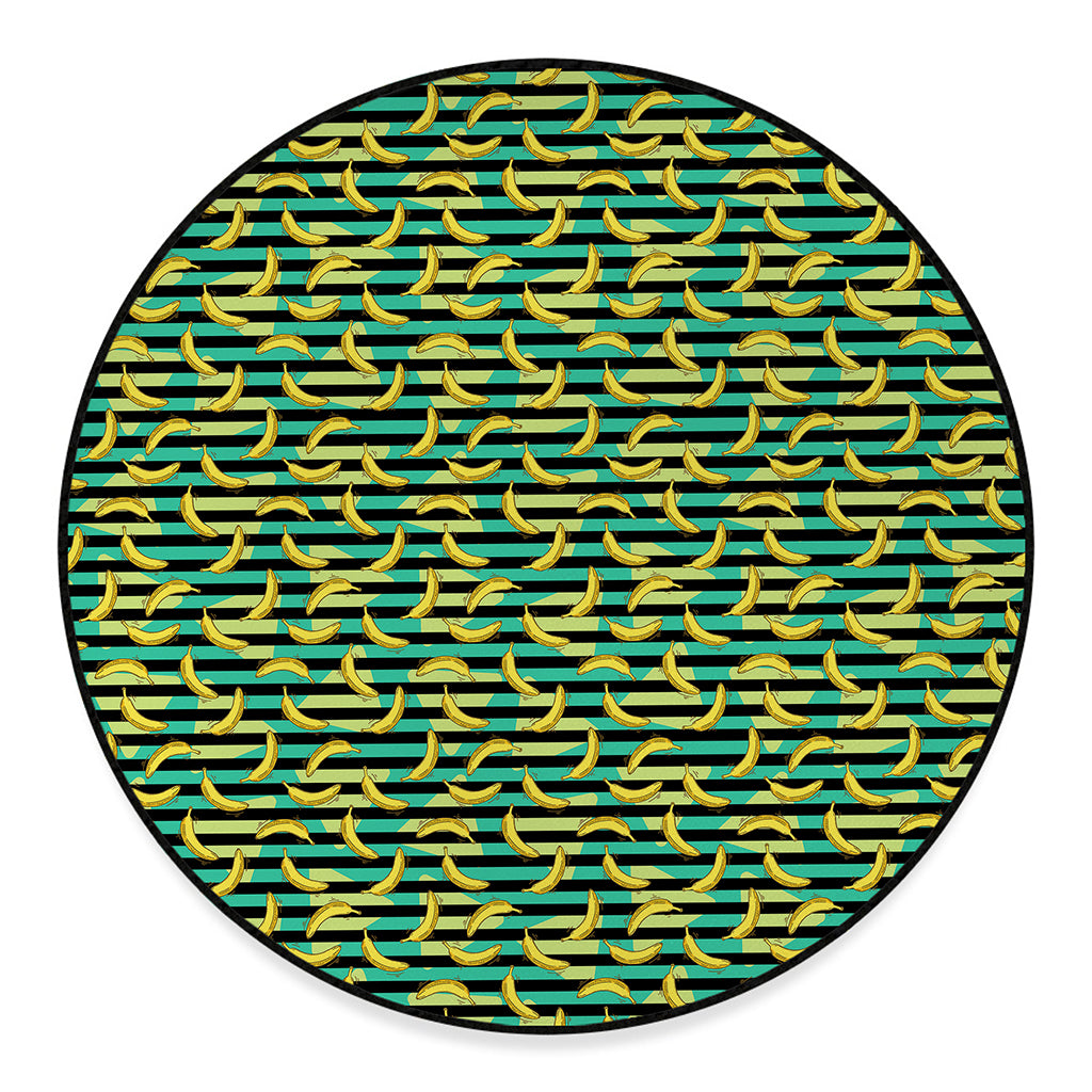Teal Striped Banana Pattern Print Round Floor Mat