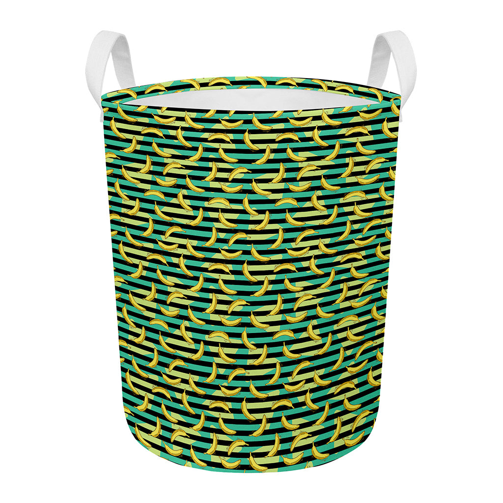 Teal Striped Banana Pattern Print Round Laundry Basket